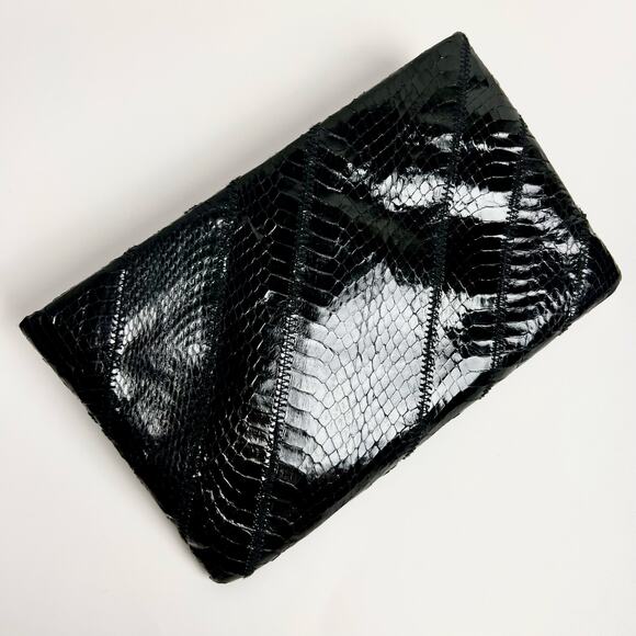 Vintage 80s Ronay Black Leather & Real Snake Skin Clutch Handbag Purse - Picture 4 of 8